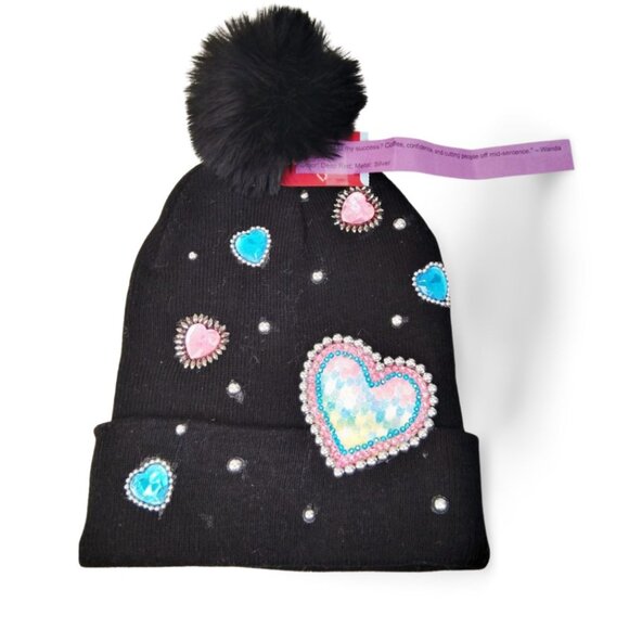 Custom Knit Black & Silver Multi Color Heart Crystal Embellished Beanie TT1524 - Picture 4 of 4